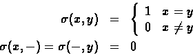 \begin{eqnarray*}\sigma(x,y) &=& \left\{\begin{array}{ll}
1 & x=y\\
0 & x\neq y
\end{array} \right. \\
\sigma(x,-) = \sigma(-,y) &=& 0
\end{eqnarray*}